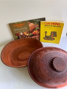 Vintage Schlemmertopf Large Oval Clay Baker & Cookbook made in West Germany